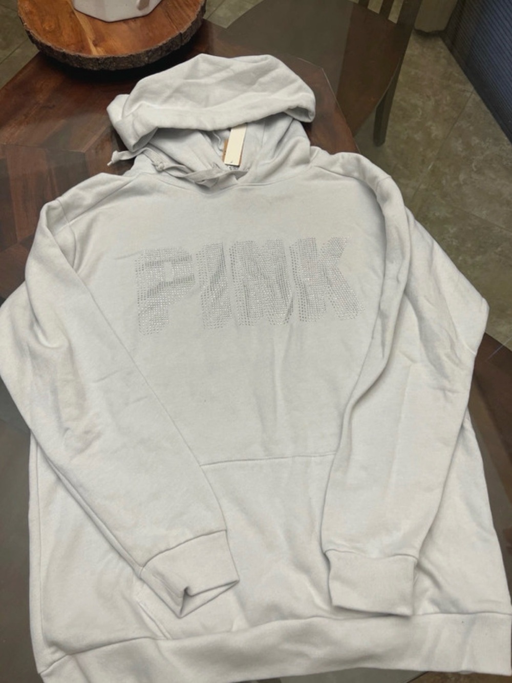 PINK Victoria's Secret Light Gray Rhinestone Logo Hoodie